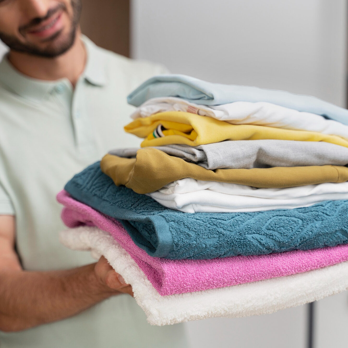 man-holding-pile-clean-clothes